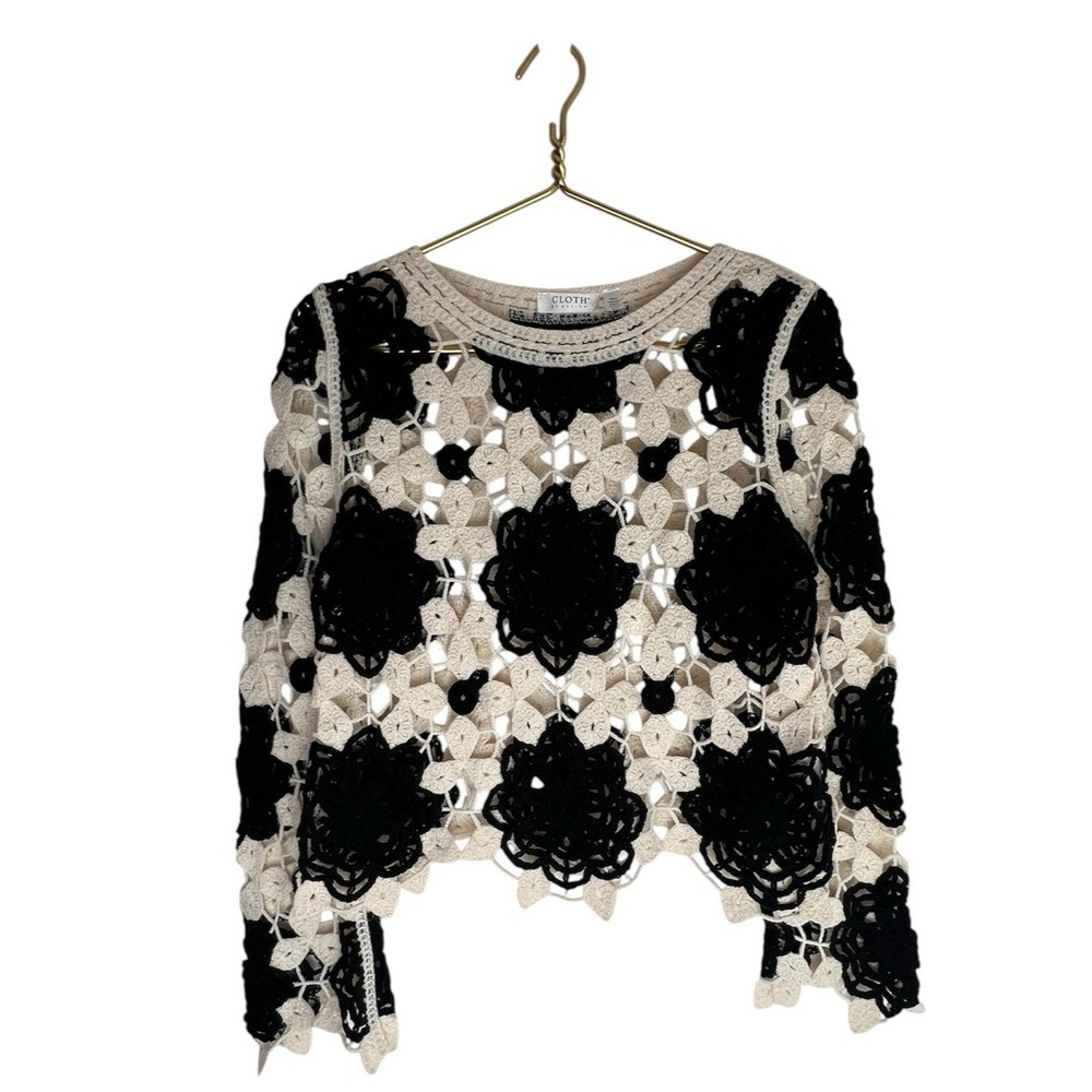 Crochet Crop Top S Cloth By Design Black Cream Floral Pullover Boho Y2K Festival